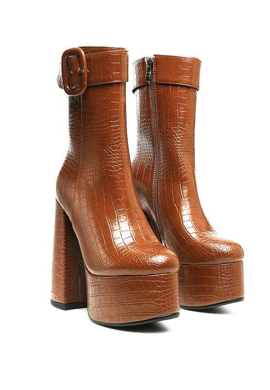 Bumpy Croc High Block Heeled Chunky Ankle Boots - Veronica Luxe