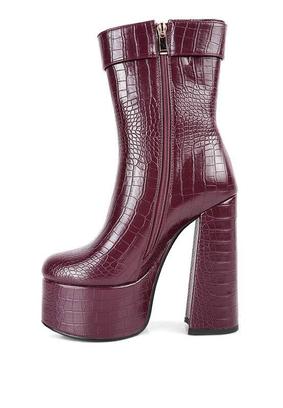 Bumpy Croc High Block Heeled Chunky Ankle Boots - Veronica Luxe