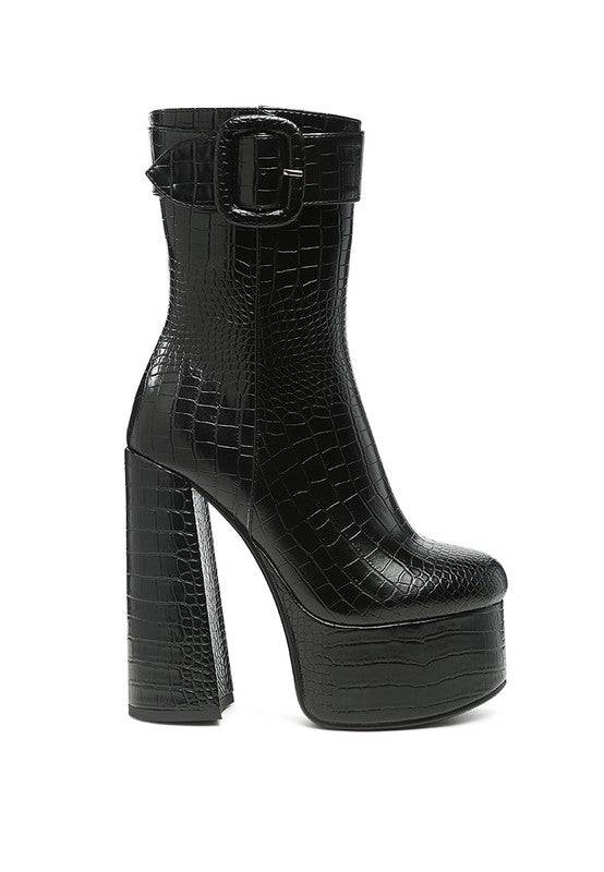 Bumpy Croc High Block Heeled Chunky Ankle Boots - Veronica Luxe