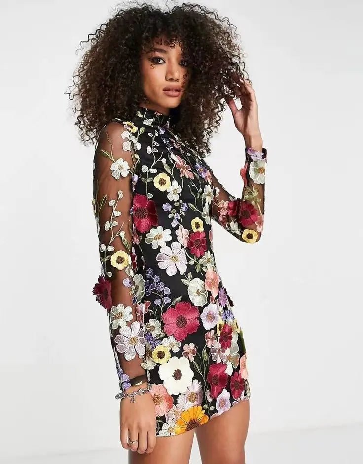 Elegant Luxury Floral Embroidery Party Dress - Veronica Luxe