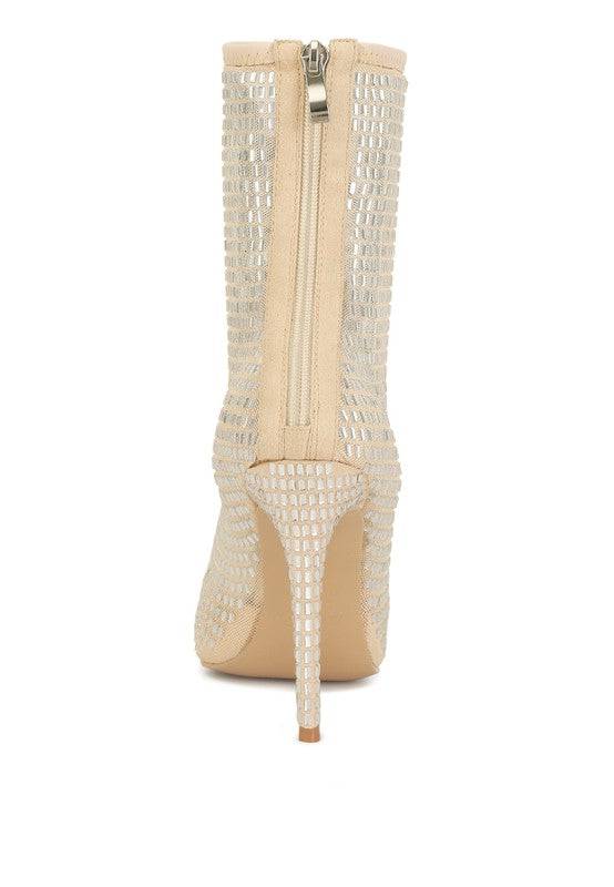 Fortunate Rhinestones Embellished Mesh Boots - Veronica Luxe