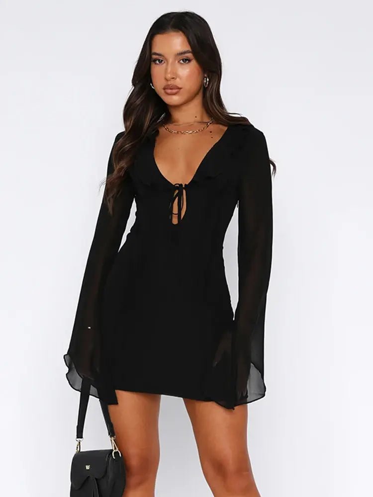 InstLike - Hollow Out Flare Sleeve Mini Dress - Veronica Luxe