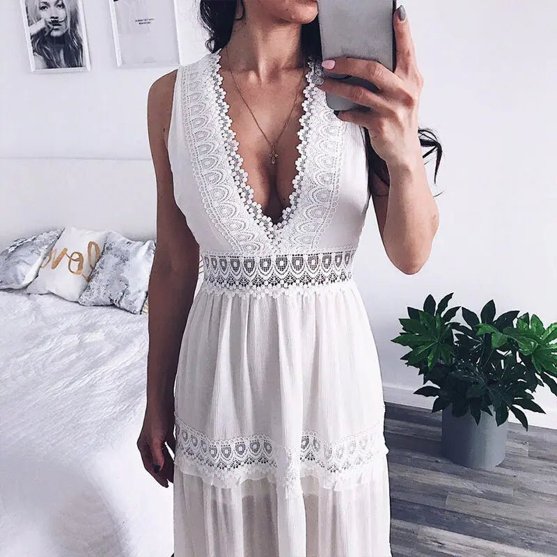 Sexy Deep V - Neck Lace Maxi Dress - Veronica Luxe