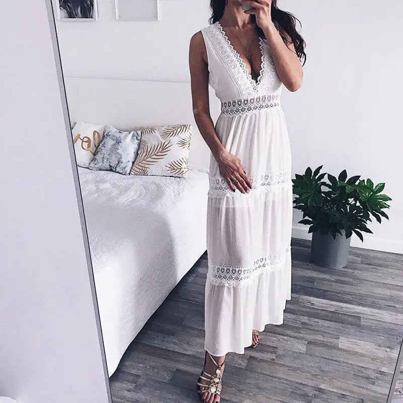 Sexy Deep V - Neck Lace Maxi Dress - Veronica Luxe