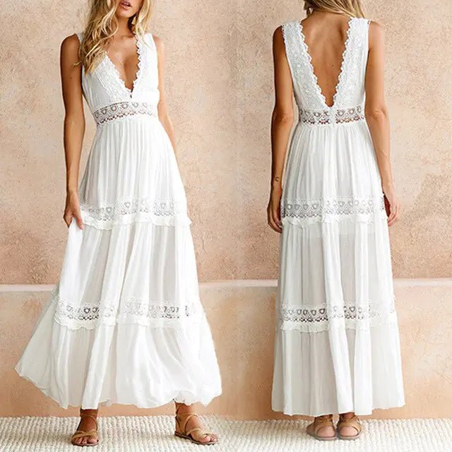 Sexy Deep V - Neck Lace Maxi Dress - Veronica Luxe