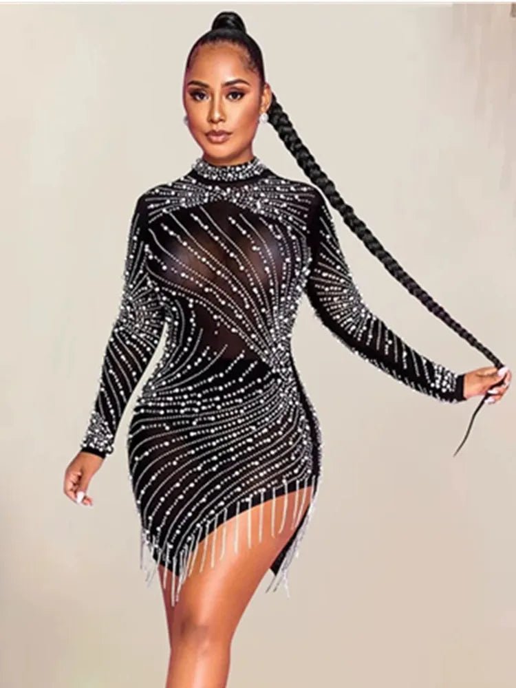 Sexy Turtleneck Mesh Dress with Diamonds - Veronica Luxe-Dress