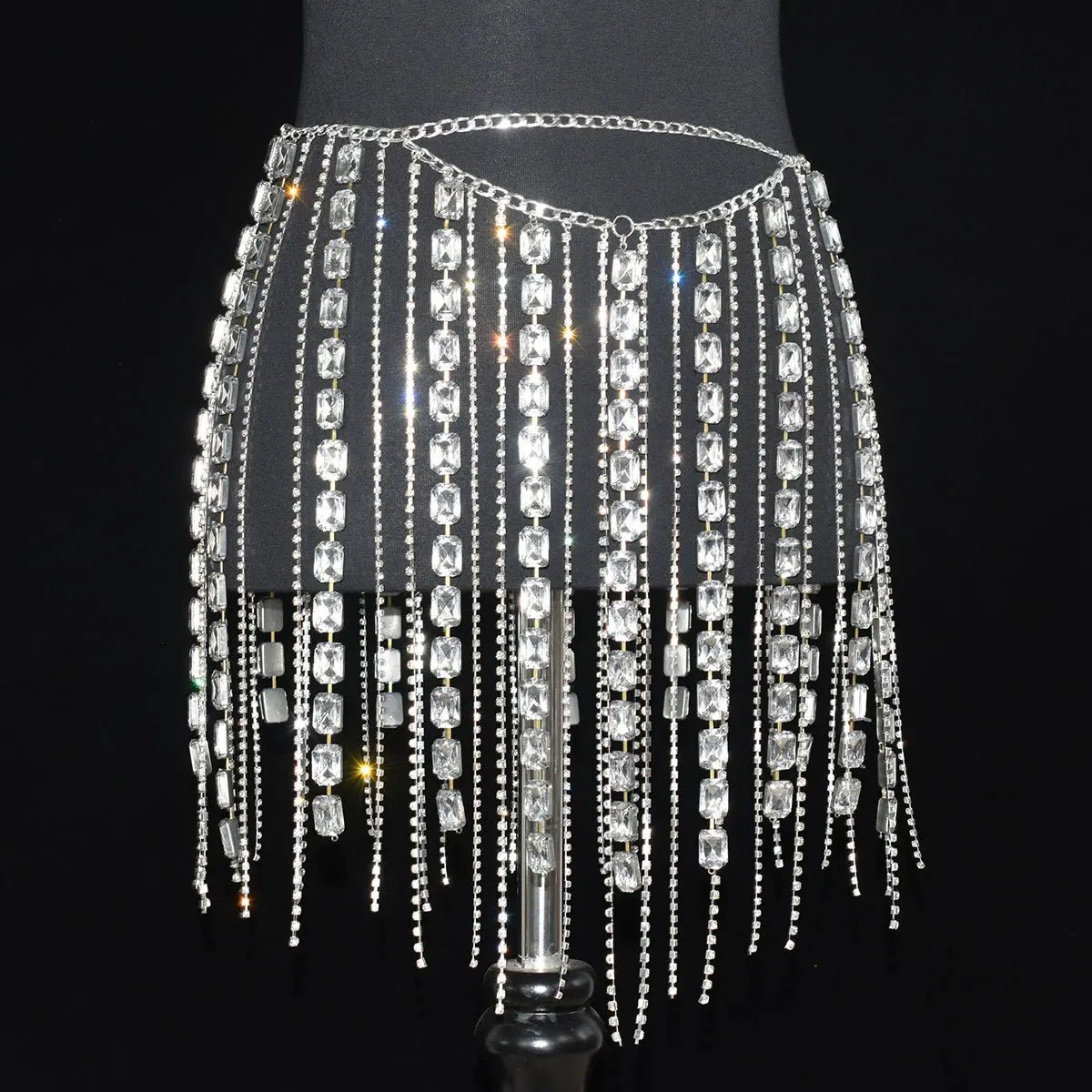 Shiny Rhinestone Long Tassel Jewel Skirt - Veronica Luxe-Carnival wear