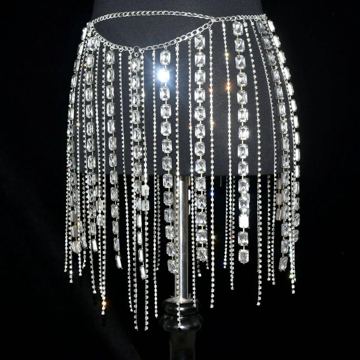 Shiny Rhinestone Long Tassel Jewel Skirt - Veronica Luxe-Carnival wear