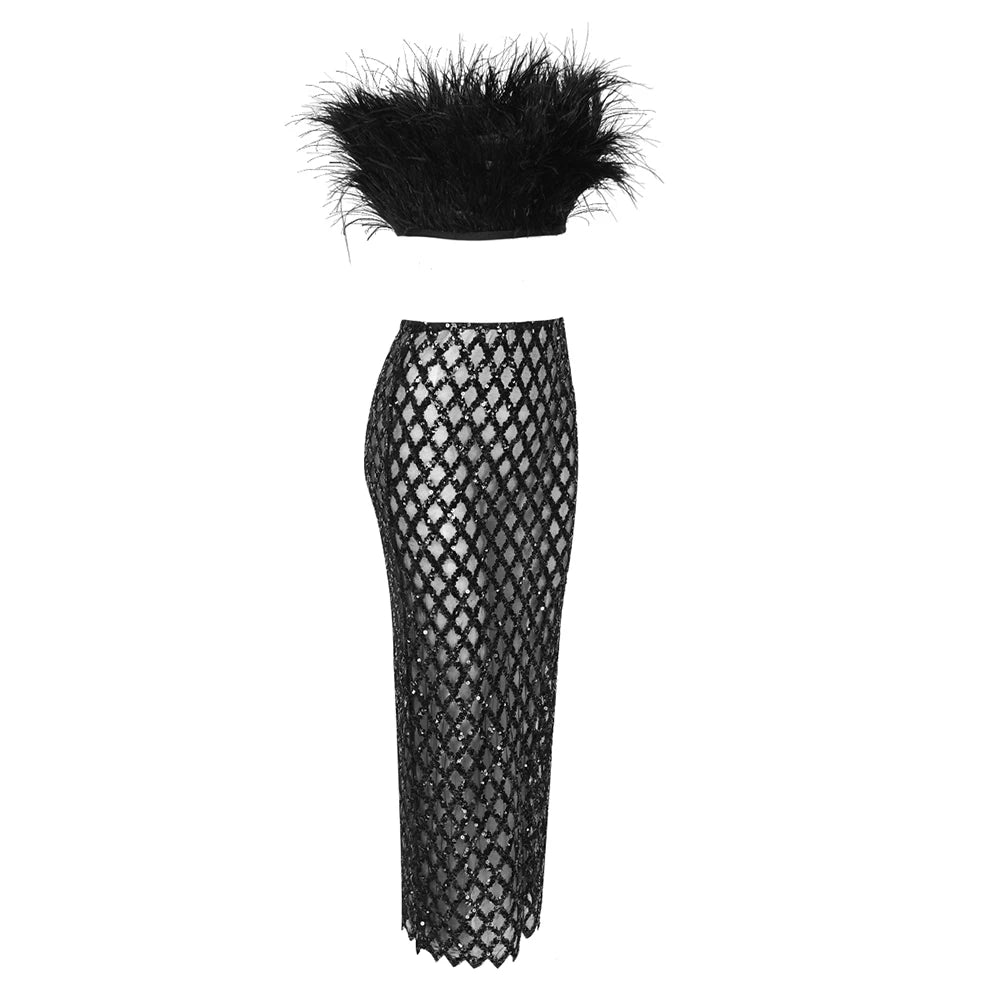 Sparkling Feathers Sequin Ensemble - Veronica Luxe-2-piece skirt