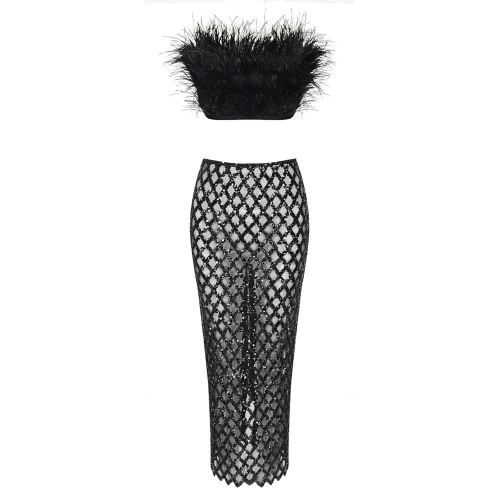 Sparkling Feathers Sequin Ensemble - Veronica Luxe-2-piece skirt