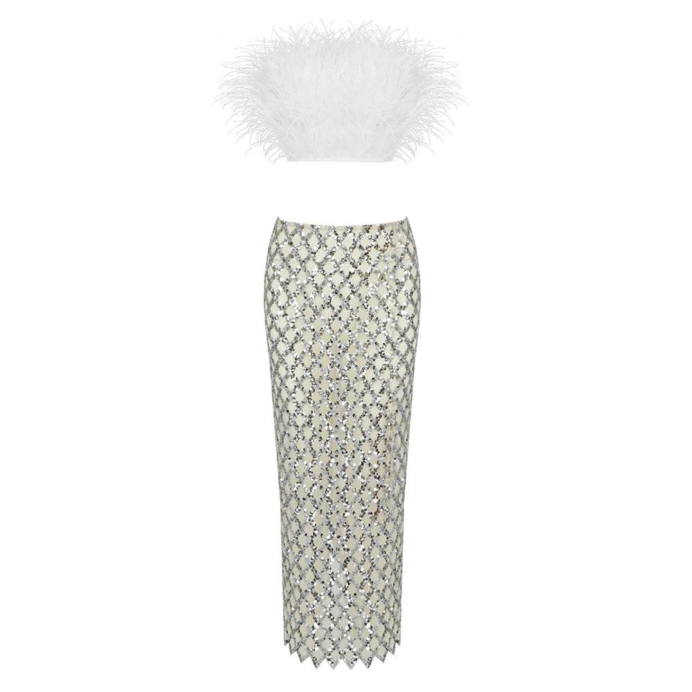 Sparkling Feathers Sequin Ensemble - Veronica Luxe-2-piece skirt