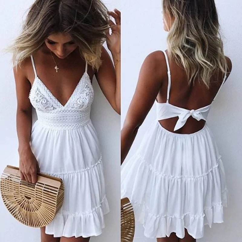 V Neck Lace Sleeveless Spaghetti Strap Dress - Veronica Luxe