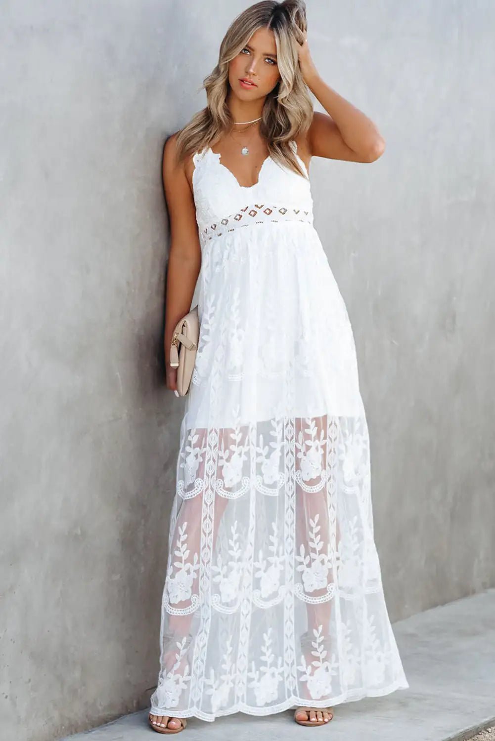 White Lace Crisscross Backless Maxi Dress - Veronica Luxe
