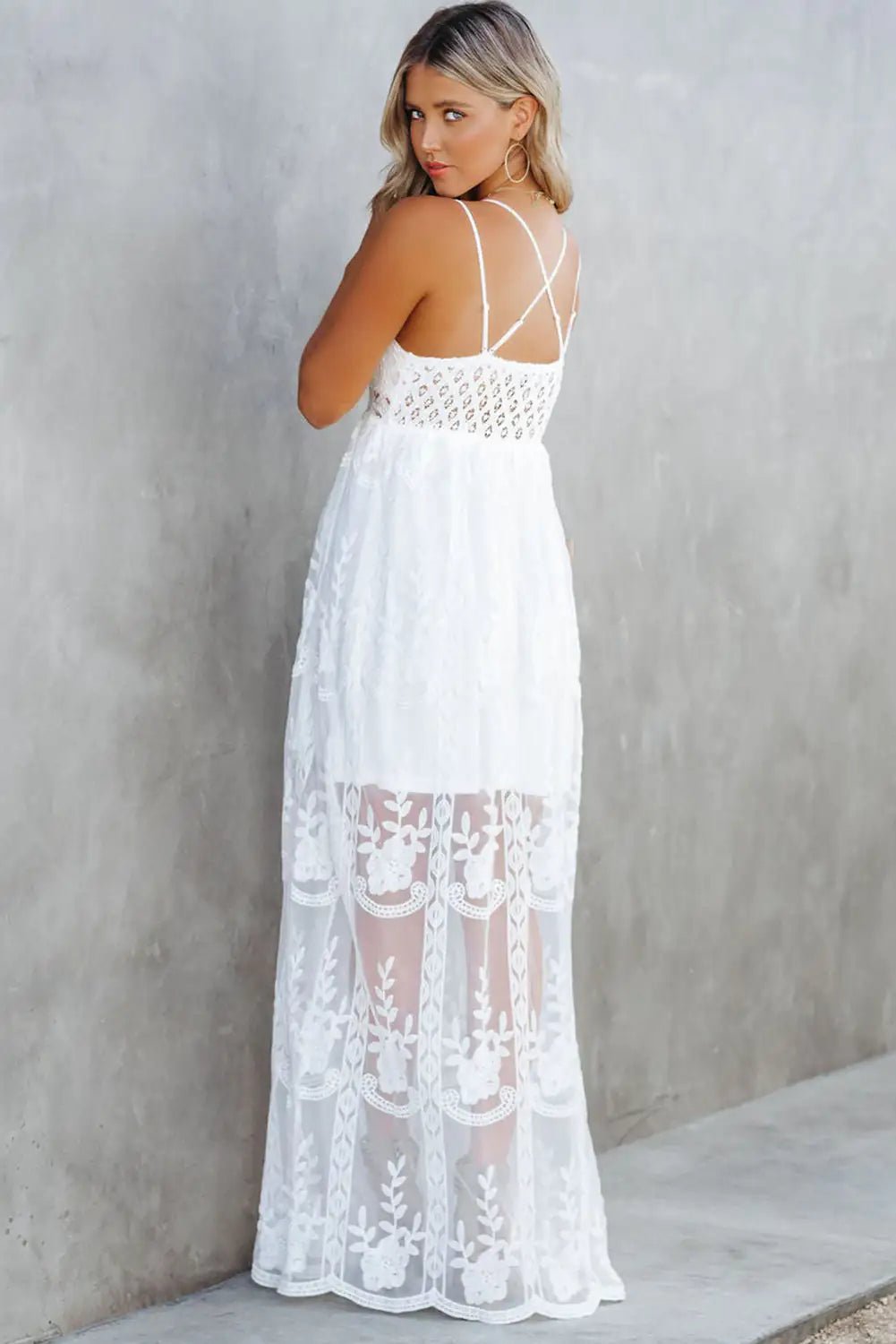 White Lace Crisscross Backless Maxi Dress - Veronica Luxe