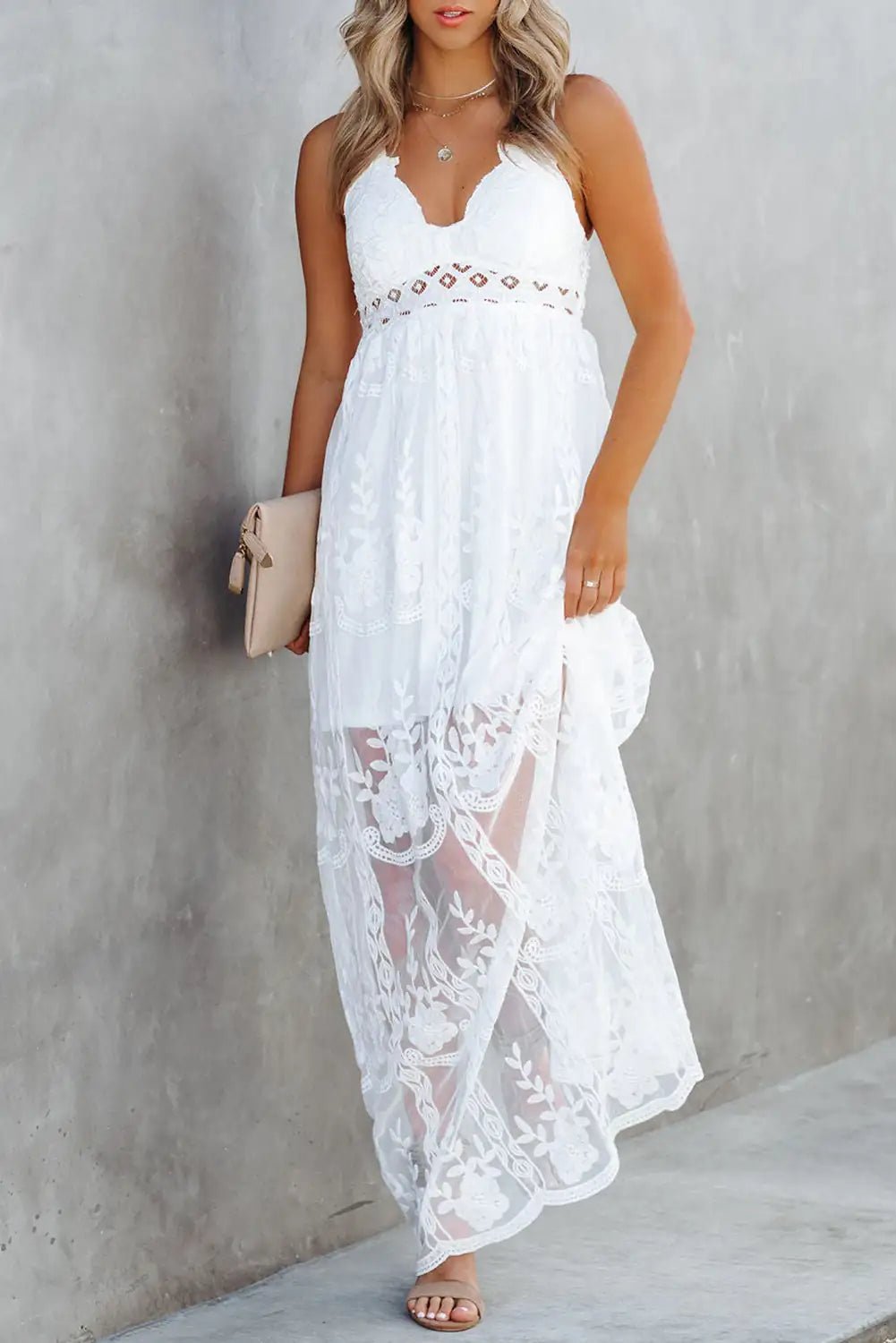 White Lace Crisscross Backless Maxi Dress - Veronica Luxe