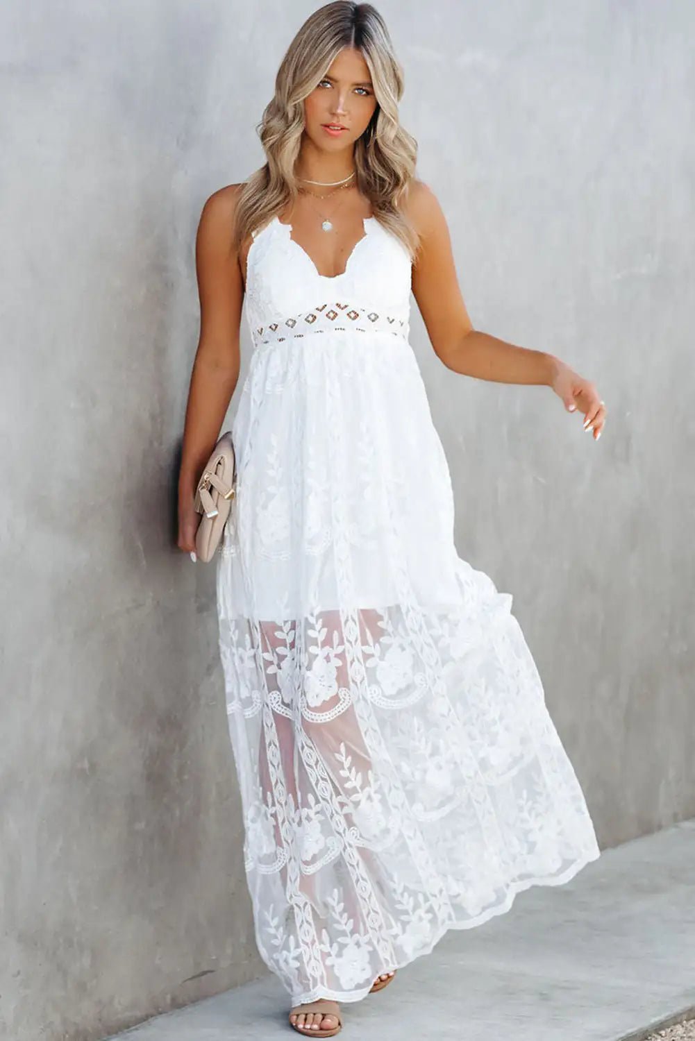 White Lace Crisscross Backless Maxi Dress - Veronica Luxe